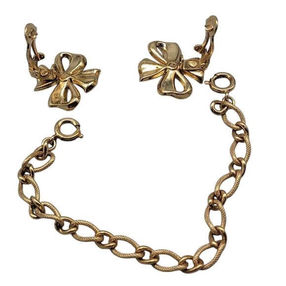 Crown Trifari Sweater Clips Pin Double Bows Detachable Chain Vintage Gold Tone - Picture 6 of 16